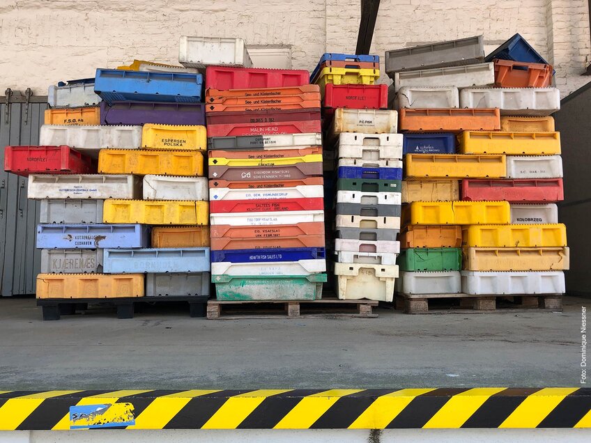 Bunte Fischkisten zu Stapeln aufgereiht, Foto: Dominique Niessner