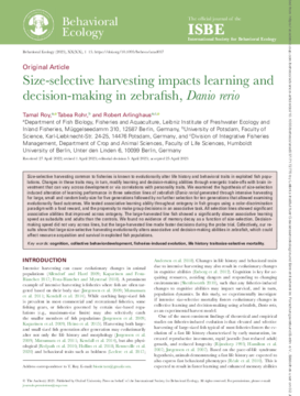 Size-selective harvesting impacts learning and decision-making in zebrafish, Danio rerio